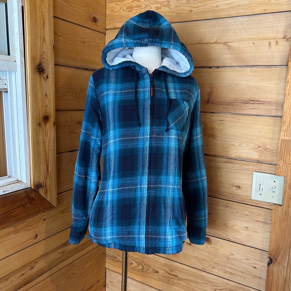 Plaid Flannel Sherpa Lined Hooded Jacket Medium Blue Workwear Tough Duck
